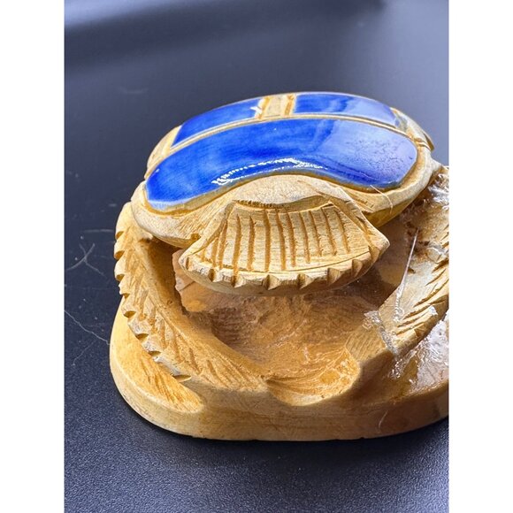 Egyptian Blue Sand Scarab Beetle Statue Heiroglyphics on bottom REPAIRED READ - Picture 7 of 16